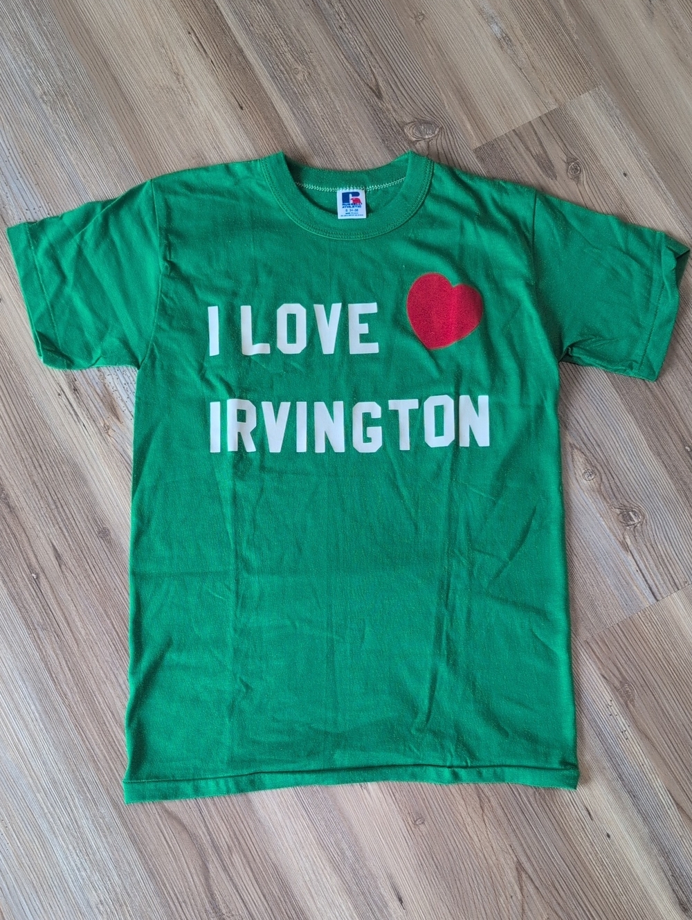 Vintage T Shirt Russell Athletic "I Love Irvington" Green With Fuzzy Heart ❤️
